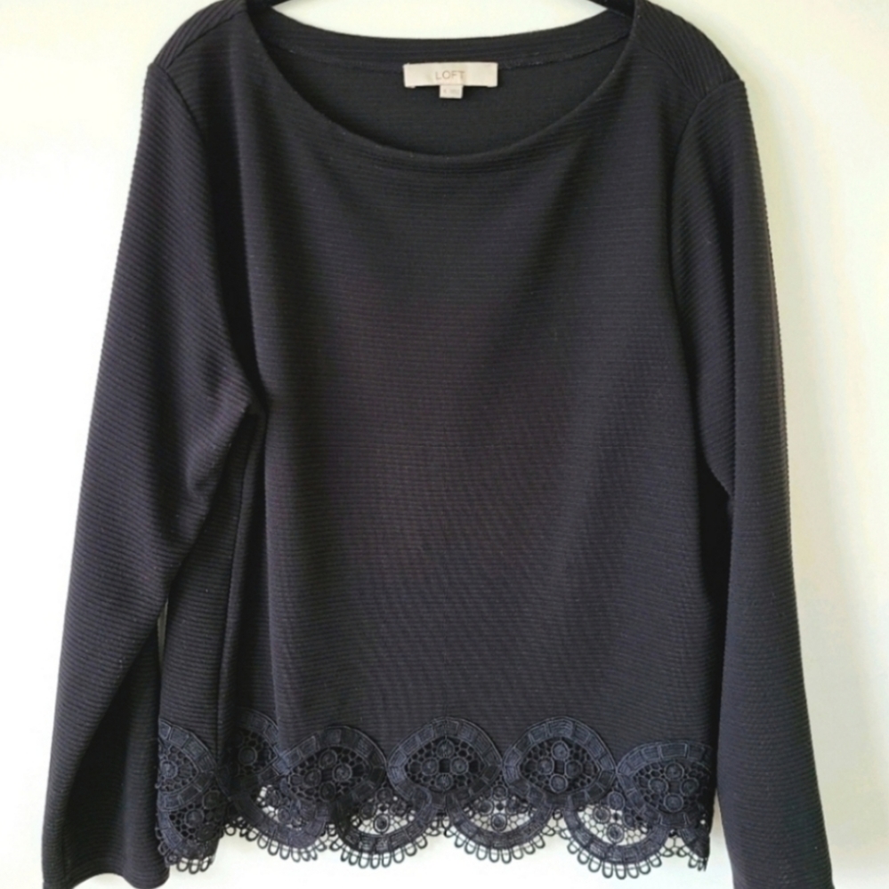 Loft black lace hem long sleeve ribbed top